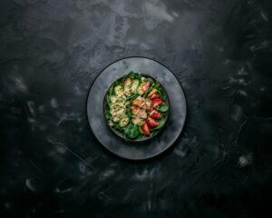 une assiette blanche garnie d'une salade sur une table