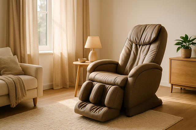 Fauteuil massant moderne installé dans un salon lumineux au décor cocooning