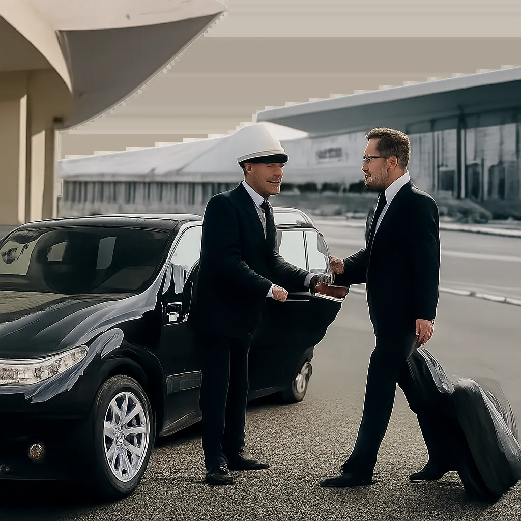 Visuel premium illustrant un transfert serein à Roissy CDG avec un chauffeur professionnel et des bagages. L’image évoque la ponctualité, la fiabilité et la réservation anticipée.